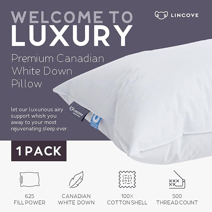 Lincove Cloud Natural Canadian Down Pillow, White Luxury Sleeping Pillow - 625 Fill Power, 500 Thread Count Cotton Shell, Made in Canada, King - Firm, 1 Pack