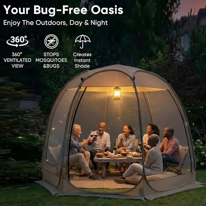 TABU Pop Up Screen House Tent, 12x12 FT Screen Room Canopy with Mosquito Mesh, Instant UV Resistant Shelter with Carry Bag, for 8-10 Person, Beige
