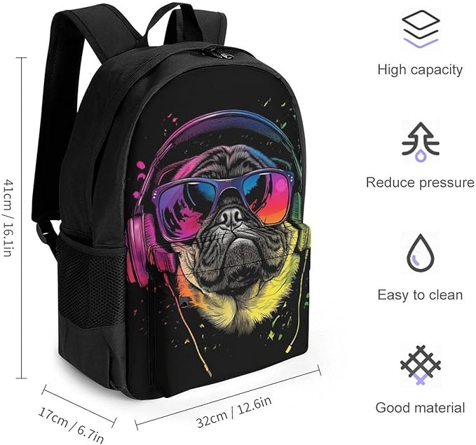 Supdreamc Daypack Backpack Multipurpose Anti-Theft Large Capacity Bookbag, Dj Pug Black Travel Hiking Camping Rucksack With Adjustable Shoulder Straps