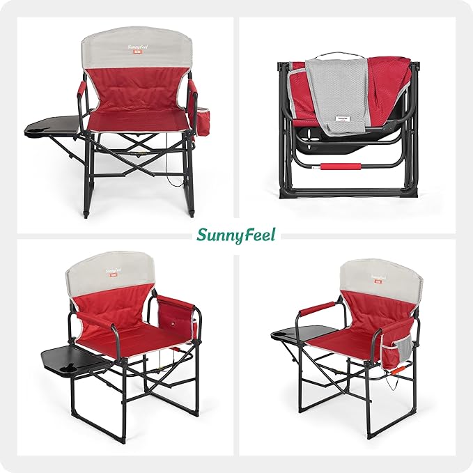 SUNNYFEEL Heated Camping Directors Chair, Heavy Duty,Oversized Outdoor Portable Heating Folding Chair with Side Table, Pocket for Beach, Fishing,Trip,Picnic,Lawn,Concert Foldable Camp Chairs