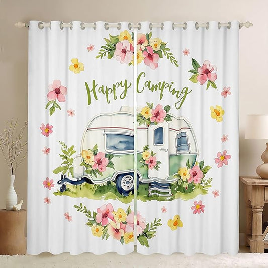Erosebridal Happy Camping Camper Window Curtains 52" Wx63 L Flowers Rv Trailer Blackout Curtains for Bedroom Living Room,Outdoor Adventure Window Treatments Romantic Floral Drapes Decor 2 Panels