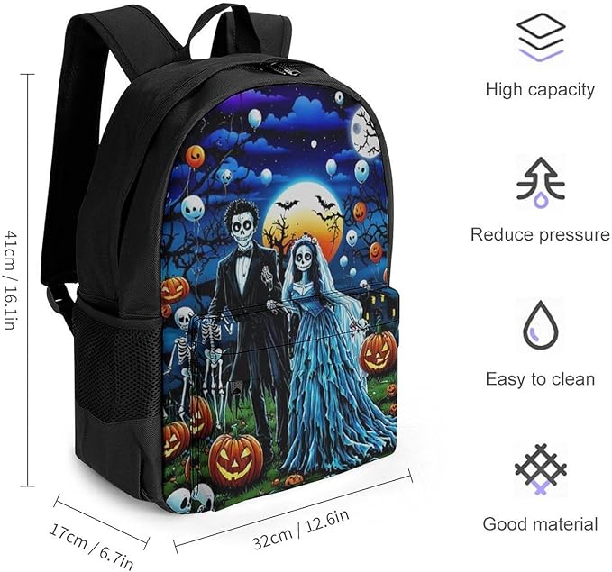 Supdreamc Daypack Bookbag Anti-Theft Multipurpose Large Capacity Bookbag, Sugar Skull Party Day Of The Dead Ghost Bride And Groom Art Travel Hiking Camping Rucksack With Adjustable Shoulder Straps