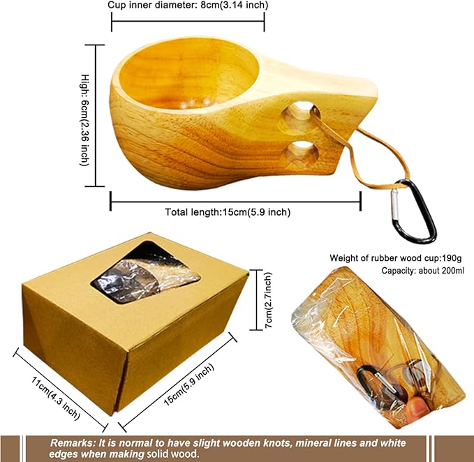 Sanrich Wooden Mug Kuksa Handcrafted Wood Camp Mug Survival Wood Cup Camping Cups & Mugs with Carabiner Leather Lanyard For Drinking Tea Coffee (6 ounces-smooth-two handle hole)