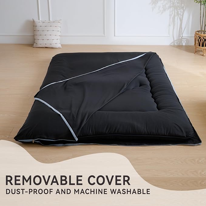 Japanese Floor Mattress, 3.5" Thicken Futon Mattress Tatami Mat, High Density Foam Support for Adult Kids Sleep, Portable Futon Sofa Bed for Camping, Pet Mat, Queen 80"x 60"（Black）