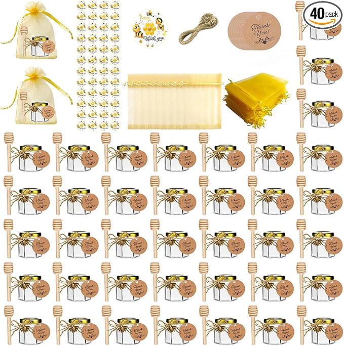 IIKUM 40 Pack Glass Honey Jars, 1.5 oz Hexagon Honey Pots with Lids, Dippers, Bee Pendants, Gift Bags, Thank You Cards, Jute and Stickers-Great Honey Jars Set for Baby Shower, Wedding and Party Favors