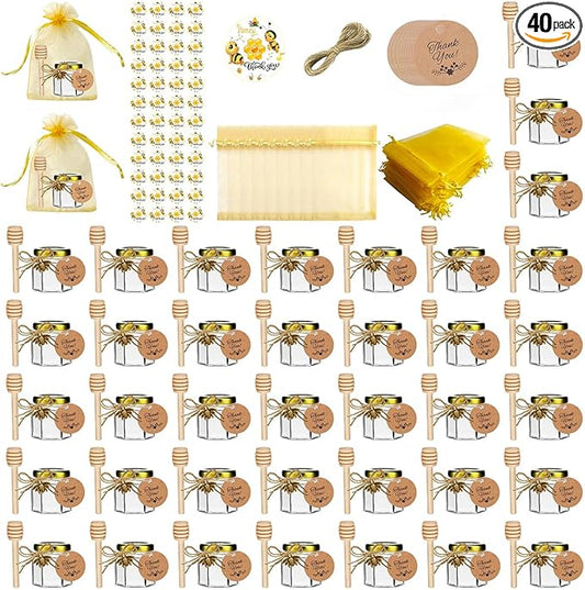 IIKUM 40 Pack Glass Honey Jars, 1.5 oz Hexagon Honey Pots with Lids, Dippers, Bee Pendants, Gift Bags, Thank You Cards, Jute and Stickers-Great Honey Jars Set for Baby Shower, Wedding and Party Favors