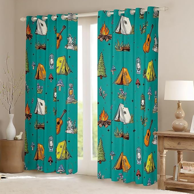 Feelyou Green Camping Camper Curtains for Bedroom Living Room Campfire Camper Accessories Blackout Shades Happy Camping Room Darkening Curtain Window Treatments, 2 Panels 52 x 90 Inch Decor