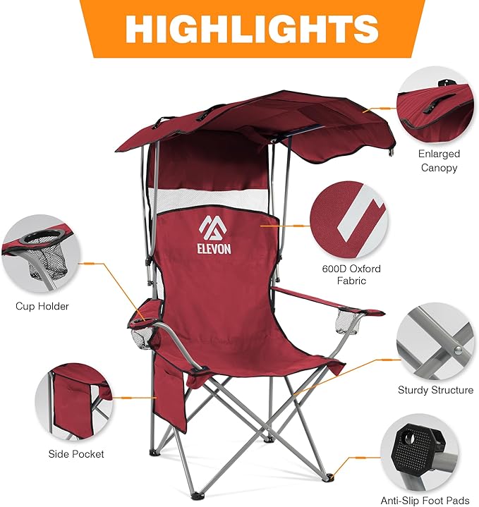 Elevon Camping Chair, Oversized Folding Chair with Canopy, Portable Outdoor Chair with Arms, Cup Holder and Carry Bag for Camping, Fishing, Beach, and Sports, Red