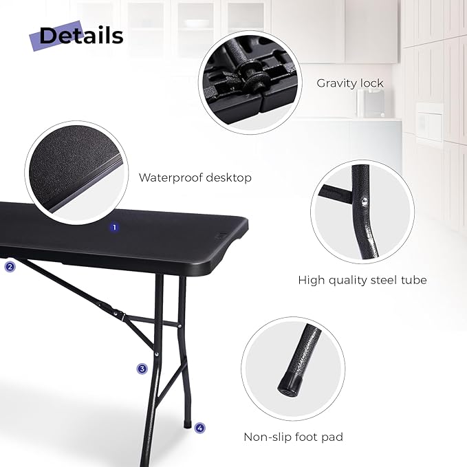 Folding Table 6ft Portable Heavy Duty Plastic Fold-in-Half 6 Foot Foldable Table Utility Dining Indoor Outdoor with Carrying Handle for Camping Picnic and Party, Black