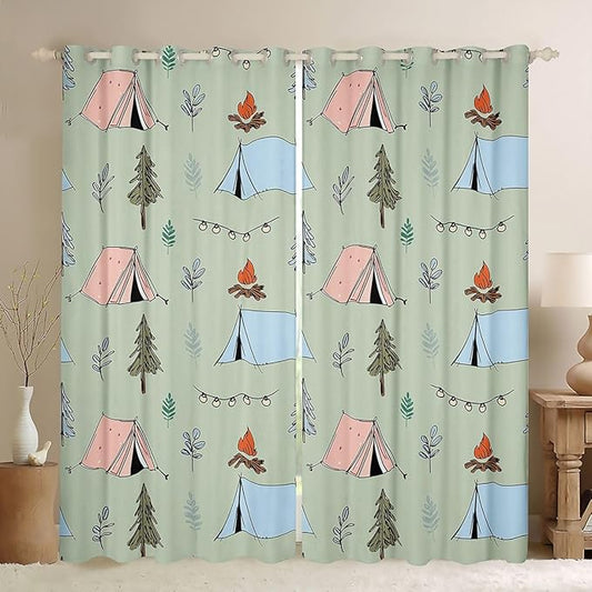 Feelyou Cute Green Camping Camper Blackout Curtains Campfire Tent Darkening Drapes for Bedroom Living Room Decor Happy Camping Thermal Insulated Shades Window Treatments, 2 Panels 42 x 63 Inch
