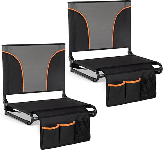 LET'S CAMP Folding Stadium Seats 2 Pack, Portable Bleacher Chairs with Back Support, Lightweight Stadium Chairs for Sports Events, Bleachers & Concerts, Black