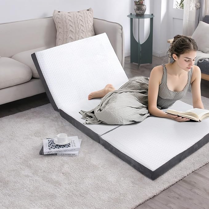 Folding Foam Mattress 4 Inches Foldable Floor Mattresses with Collapsible and Washable Cover, Portbale Travel Mat Tri-fold Guest Mattress Camping Sofa Bed