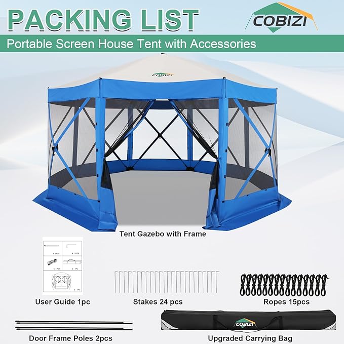 COBIZI 15x15 FT Pop Up Gazebo - Canopy Tent, Large Gazebos On Clearance,Instant Screened in Gazebo,carpas para Patio,Portable Screen Tents for 12-15 Persons Outdoor Camping, Backyard, Blue