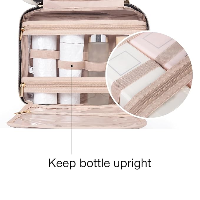 BAGSMART Toiletry Bag Travel Bag with Hanging Hook, Water-resistant Makeup Cosmetic Bag Travel Organizer for Accessories, Shampoo, Full-size Container, Toiletries (Light Pink, Medium)