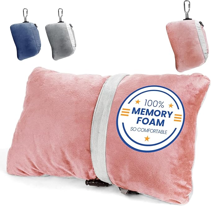 Compact Travel Pillow Made with Shredded Memory Foam and Super Soft Fleece Fabric for Ultimate Comfort in Travel. Patented Design Rolls and Compacts Small for Travel. (Pink)