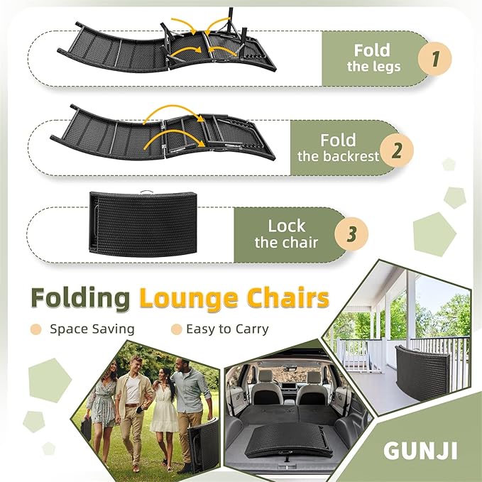 GUNJI Lounge Chairs for Outside 3 Pieces Patio Adjustable Chaise Lounge Outdoor Wicker Lounge Chairs Set of 2 with Table Folding Chaise Lounger for Poolside, Deck, Lawn (Beige)