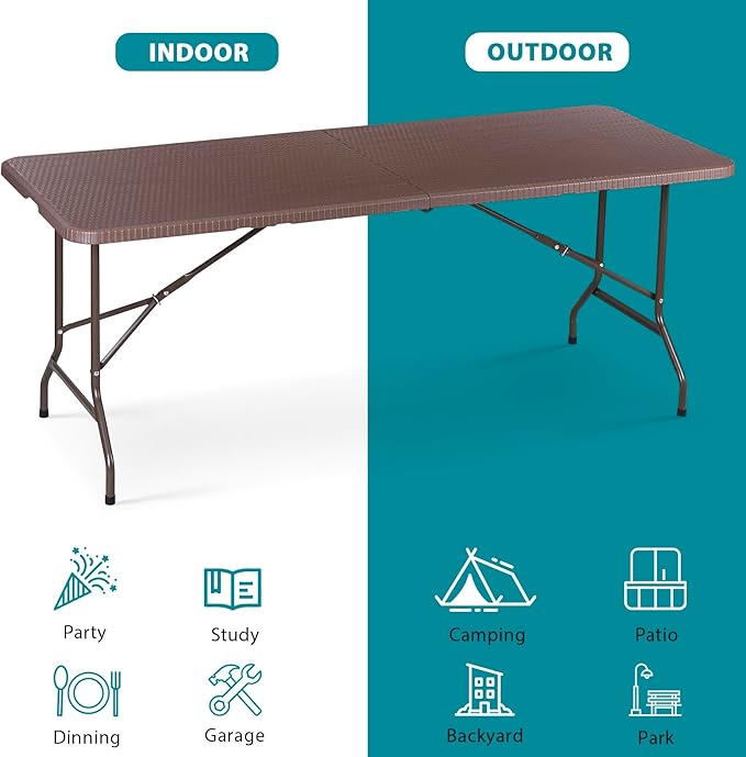 SUPER DEAL 6FT Folding Table for Indoor Outdoor, Portable Heavy Duty Fold-in-Half Plastic Dining Picnic Party Camping Table with Carrying Handle, Brown
