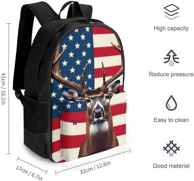 Supdreamc Lightweight Backpack for Gym Travel Bicycle, Big Capacity Multipurpose Anti-Theft Carry On Bag, American Hunting Deer Flag Travel Hiking Bag Day Pack