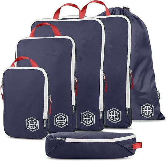 Extra Large Compression Packing Cube 6 Piece Set for Travel and Check Luggage by TRIPPED Travel Gear