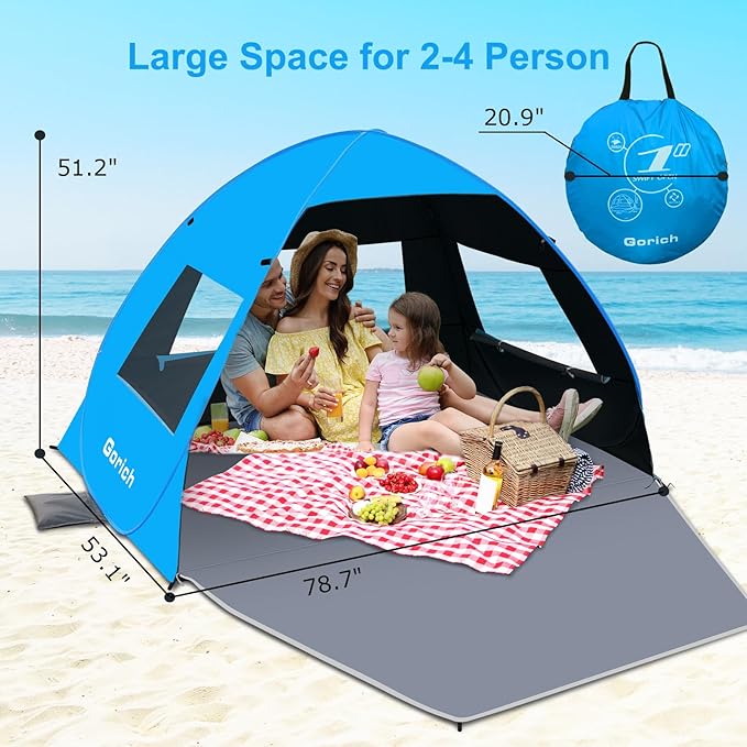 Gorich Easy Pop Up Beach Tent for 3-4 Person, UPF 50+ UV Protection Beach Umbrella Sun Shelter, Portable Lightweight Shade with Easy Foldable & Instant Setup