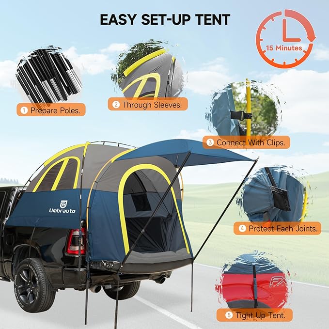 Umbrauto Truck Bed Tent with Awning: 5.5'-5.8' PU3000mm Waterproof Pickup Truck Tents, Easy Set-up for 2 Person, Fits Full Size Short Bed, Chevy, Dodge, Ford, GMC, Blue