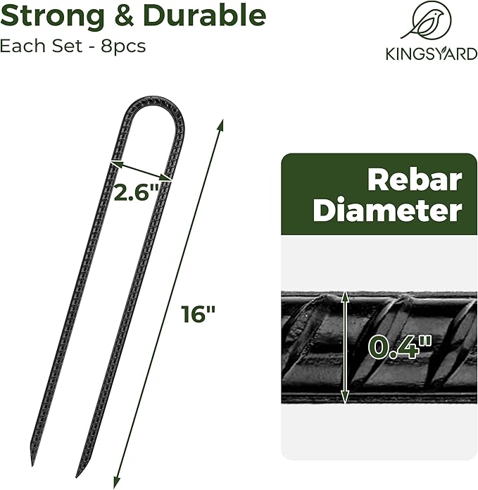 Kingsyard 8 Pack 16 Inch Trampolines Wind Stakes, 0.4 Inch Diameter 2.6 inche Wide Galvanized Steel U Hook Rebar Stakes, Multi-Purpose Heavy Duty Ground Anchors for Tent, Fences, Swing, Landscape