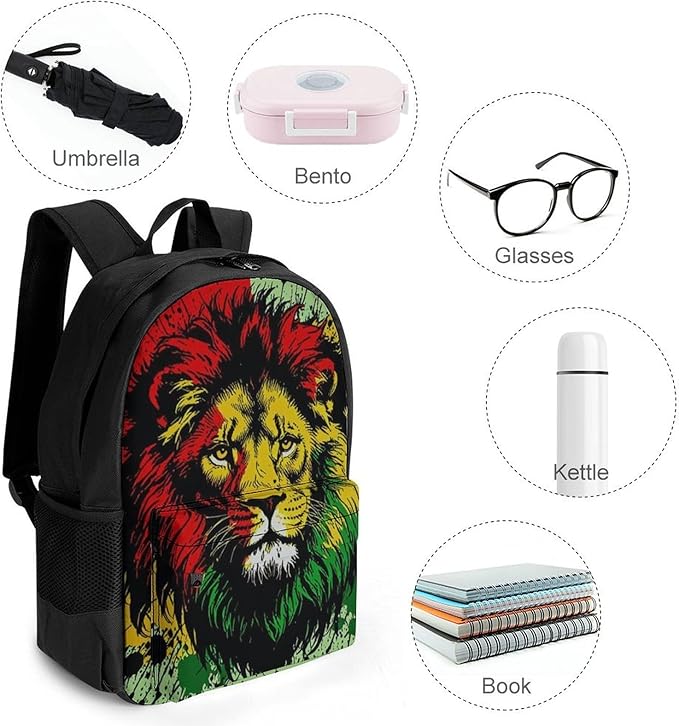 Men Women Lightweight Rasta Flag Black Paint Splatter Lion Backpack Large Capacity Bookbag With Smooth Zippers for Gym Business Running