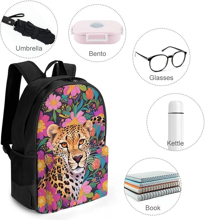 Daypack Polyester Anti-Theft Multipurpose Red Floral Leopard Cheetah Art Bookbag Big Capacity Gym Outdoor Hiking Backpack With Adjustable Shoulder Straps
