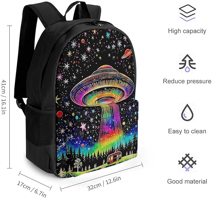 Supdreamc Men Women Polyester Colorful Magical Spaceship Art Daypack Bookbag Big Capacity Shoulder Bag With Padded Straps for Climbing Travel Walking Cycling
