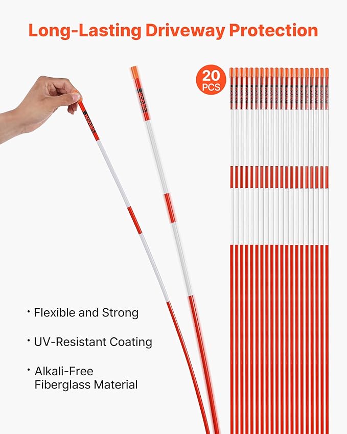 VEVOR Driveway Markers, 20Pcs 58 in Long 5/16 in Dia, Hi-Visibility Driveway Reflectors with 12 in Steel Drill Bits, Reflective Snow Sticks Fiberglass Pole for Parking Lots, Walkways, Snow Plowing