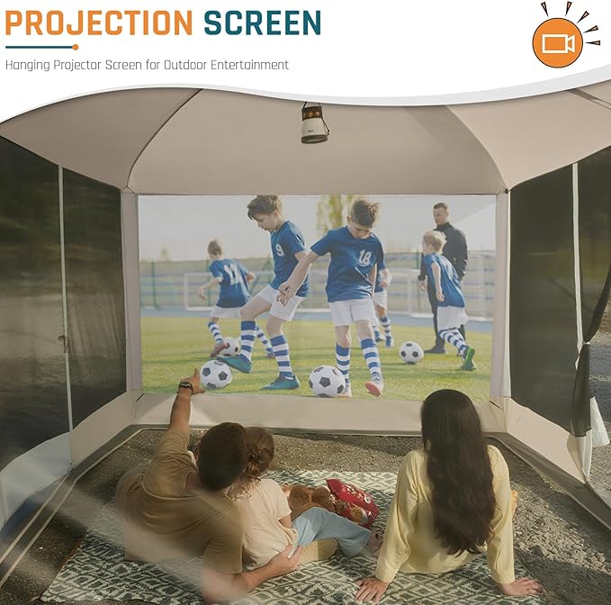 Magnetic Screen House Tent 13x9ft Screen Room Mesh Gazebos w/ 2 Magnetic Doors, Included Projection Screen, Camping Tent Screened Canopy Shelter for Outdoor Patios Backyards Activities (Beige)
