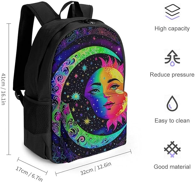 Supdreamc Men Women Polyester Psychedelic Sun And Moon Art Casual Daypack Large Capacity Carry On Bag With Adjustable Shoulder Straps for Camping Work Running