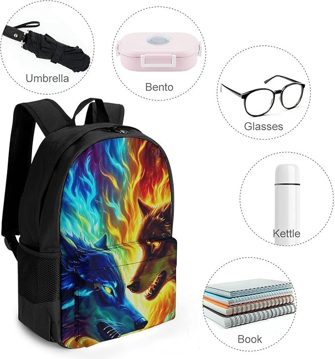 Supdreamc Men Women Polyester Ice And Fire Flaming Cool Wolf Daypack Big Capacity Shoulder Bag With Smooth Zippers for Hiking Work Walking Cycling