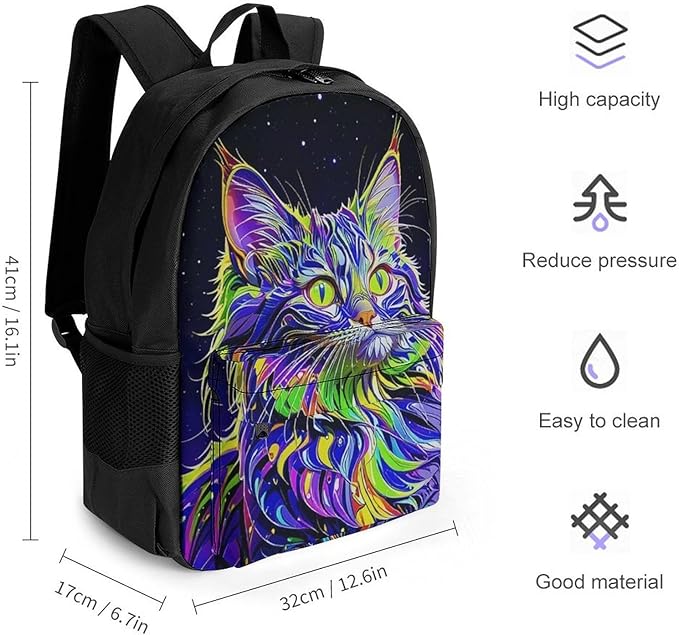 Supdreamc Rucksack Multipurpose Anti-Theft Big Capacity Shoulder Bag, Colorful Trippy Cat Art Travel Hiking Camping Rucksack With Side Pockets