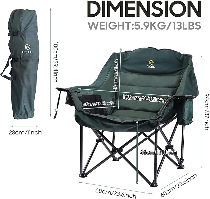 Nice C Camping Chairs, Oversized XL Padded Camping Chair, Outdoor Chair, Lawn Chairs, Lounge Chair, Wide&Thick, Heavy Duty 400lb, Carry Bag, Cupholder & Cooler (Two Green)