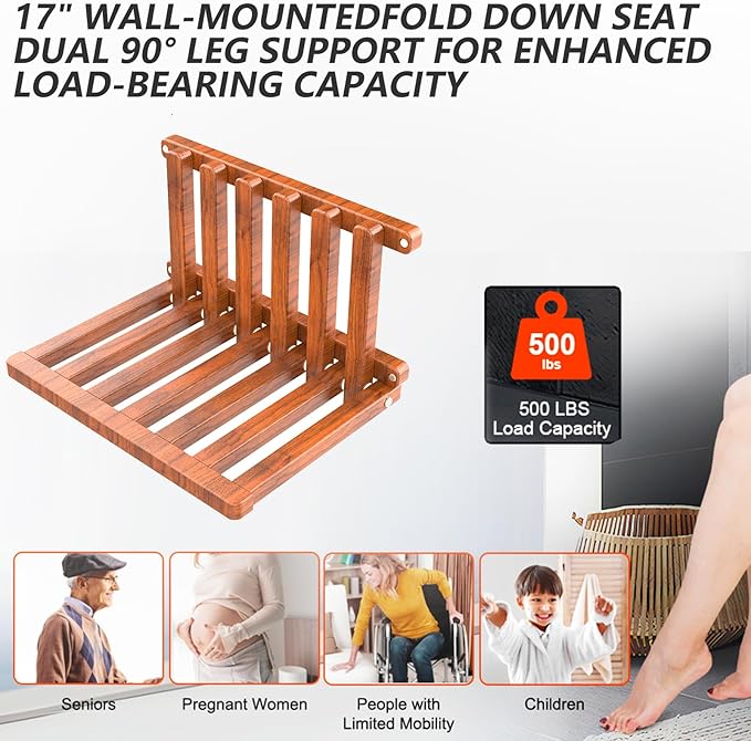 The folding stool is made of oak wood and can bear a weight of 400 pounds. When unfolded, it measures 1.5" by 1", providing comfort and safety. The thickness is 2" (Walnut paint)