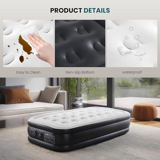 Sweetcrispy Twin Air Mattress - 18" Inflatable Blow Up Airbed with Built-in High Capacity Pump, Double Height, Non-Slip Bottom Design, Weight Capacity 660 lbs Air Bed for Home or Camping