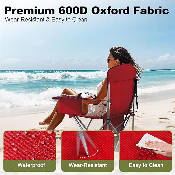 Folding Camping Chairs Durable 600D Oxford, Portable Outdoor Chair with Cooler Pouch, Cup Holder & Storage Pocket for Camping, Beach, Fishing