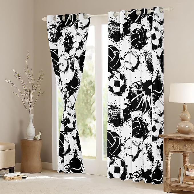 Black White Ball Blackout Curtains Basketball Soccer Football Baseball Window Drapes,Sports Theme Window Treatments,Kids Boys Girls Room Decor,Grommet Top 2 Panel Set Bedroom Curtains, 52Wx90L inch