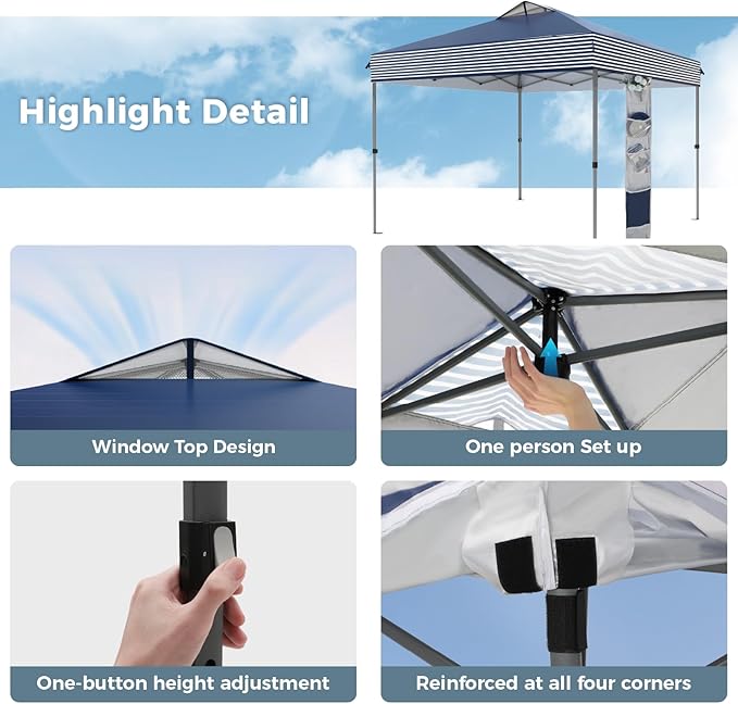 GREEN PARTY 10x10 ft Pop Up Canopy Tent, 1-Person Setup Instant Outdoor Canopy with Vented Top, Wheeled Carry Bag, 4 Ropes & 4 Sandbag -Blue & White Stripes