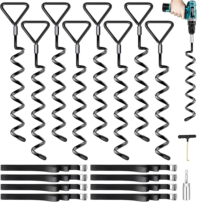 Earth Anchors Trampoline Heavy Duty Stakes Kit - Spiral Screw In Ground Anchors with Straps for Swing Set