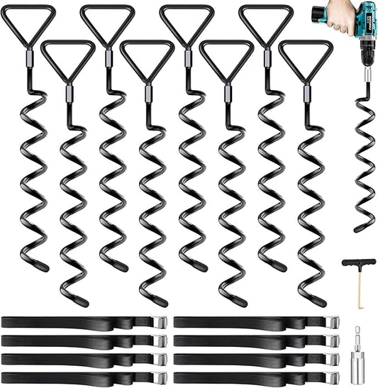 Earth Anchors Trampoline Heavy Duty Stakes Kit - Spiral Screw In Ground Anchors with Straps for Swing Set