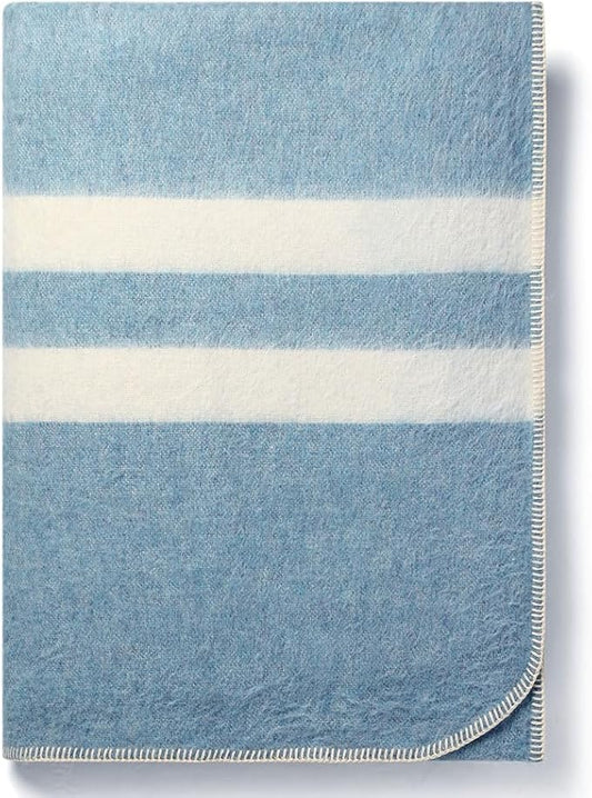 Thick Alpaca Wool Blanket Heavyweight for Camping Outdoors or Using Indoors | Soft Peruvian Alpaca Wool Blankets (Soft Blue - Ivory Stripes 2, Queen)