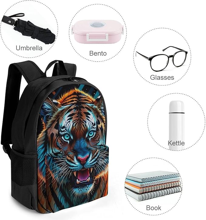 Men Women Polyester Angry Tiger Rainbow Animal Magic Art Casual Daypack Large Capacity Carry On Bag With Adjustable Shoulder Straps for Camping Work Running