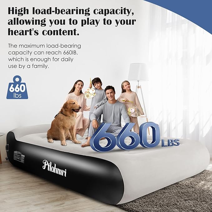 Queen Air Mattress Full with Built-in Pump,16'' Blow up Mattress with Soft Flocked Top Luxury Inflatable Mattress 3 Minute Fast Inflation/Automatic deflation for Camping＆Home and Guest