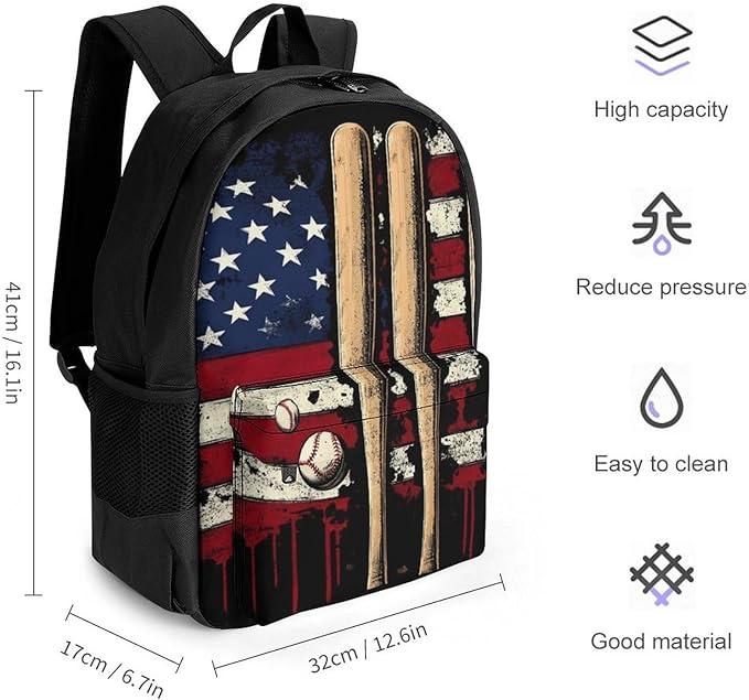Supdreamc Men Women Polyester Patriotic Usa Retro American Flag Baseball Print Backpack Large Capacity Bookbag With Smooth Zippers for Climbing Picnic Bicycle