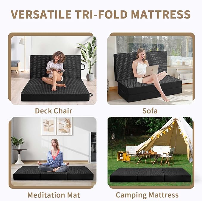 CYMULA Folding Mattress Twin, 6 Inch Memory Foam Tri-Fold Floor Bed and Futon, Twin Topper with Breathable & Washable Cover, Foldable Mattress for Guest Bed, Office Nap,Camping,Black (38" x 75" x 6")