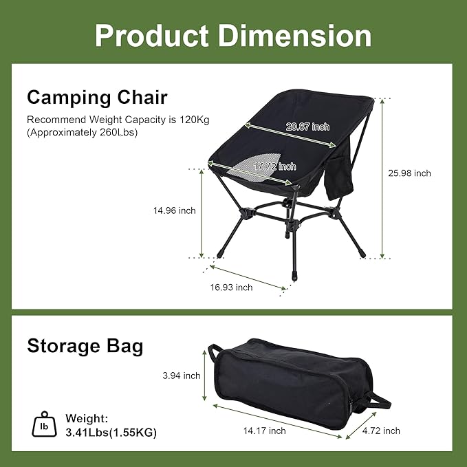 Camping Chair Portable Lightweight Camping Chairs for Adults Foldable 600D Oxford Ultralight Backpacking Chair with Breathable Mesh and Pocket for Outdoor Travel Hiking, Black