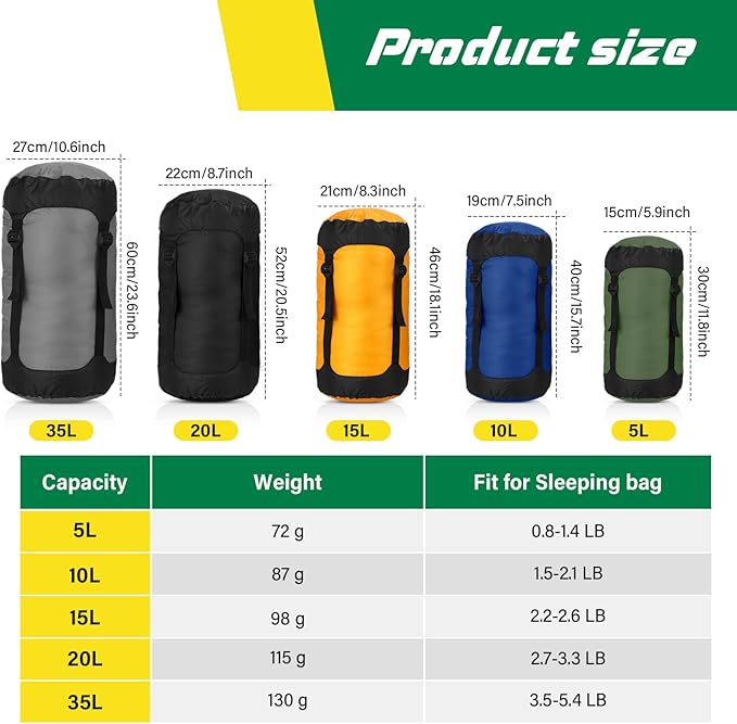 5 Pcs Compression Sacks for Backpacking 5L/10L/15L/20L/35L Camping Sleeping Bag Stuff Sack Water Resistant Sleeping Bag Storage Sack for Space Saving Hiking Gear