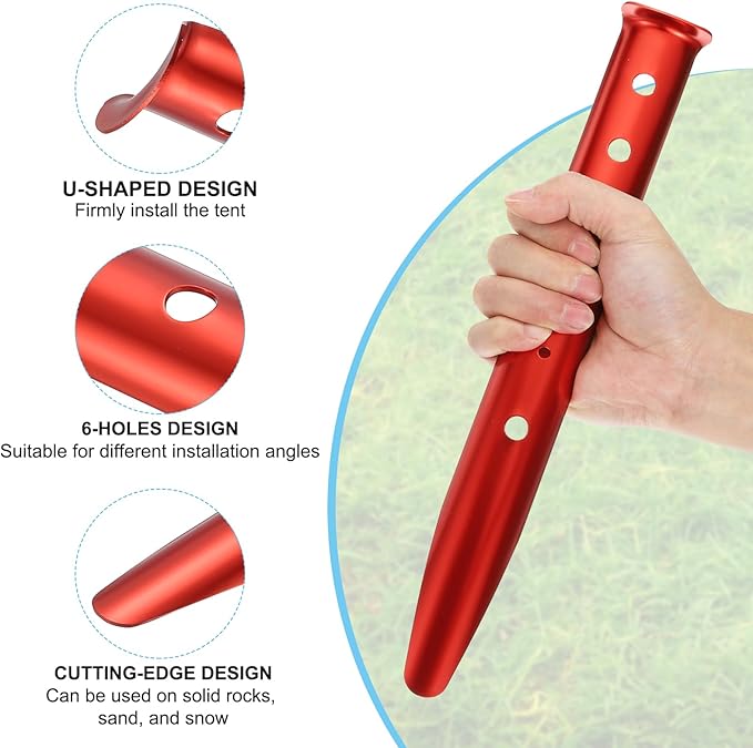 PATIKIL Aluminum Tent Stakes, 2 Pack Metal Camping Ground Pegs Camping Accessories Sand Stakes with 6 Holes for Tents Hammocks and Canopy, Red